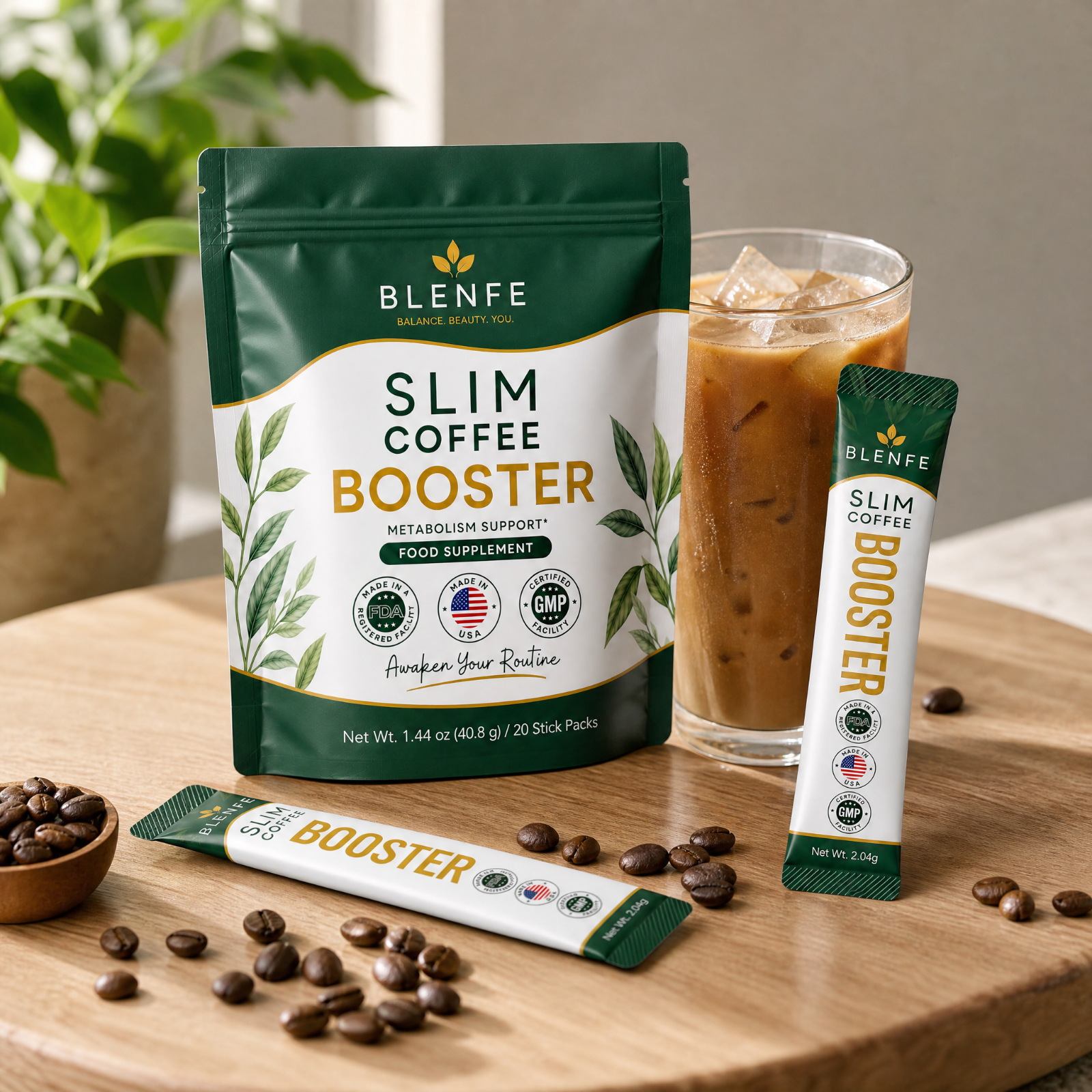 BLENFE Slim Coffee Booster pouch and stick packs with iced coffee