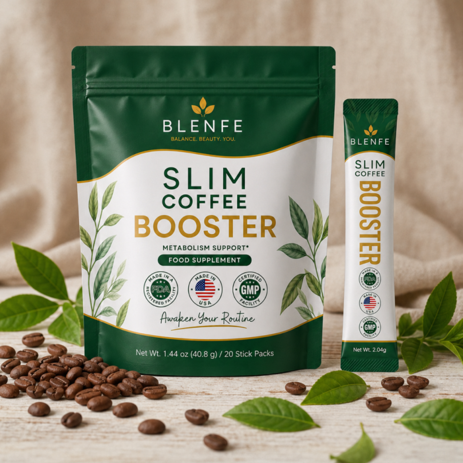 BLENFE Slim Coffee Booster packaging with coffee beans